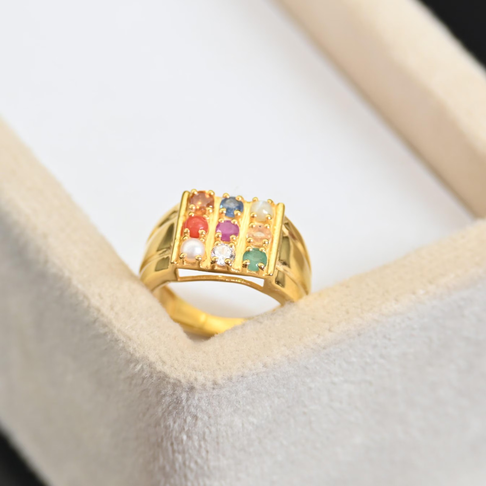 Men’s Natural Navratna Nine Gemstone Ring | 14K Gold-Plated Sterling Silver |