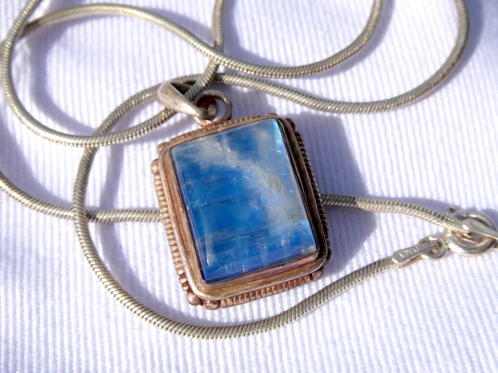 Vintage Sterling Silver Blue Moonstone Rectangular Cabochon Pendant Necklace 925