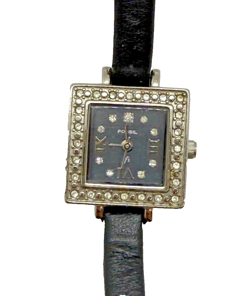 Fossil F2 Nordstrom ND-3586 Quartz Square Women’s Watch Crystal Bezel Black Band