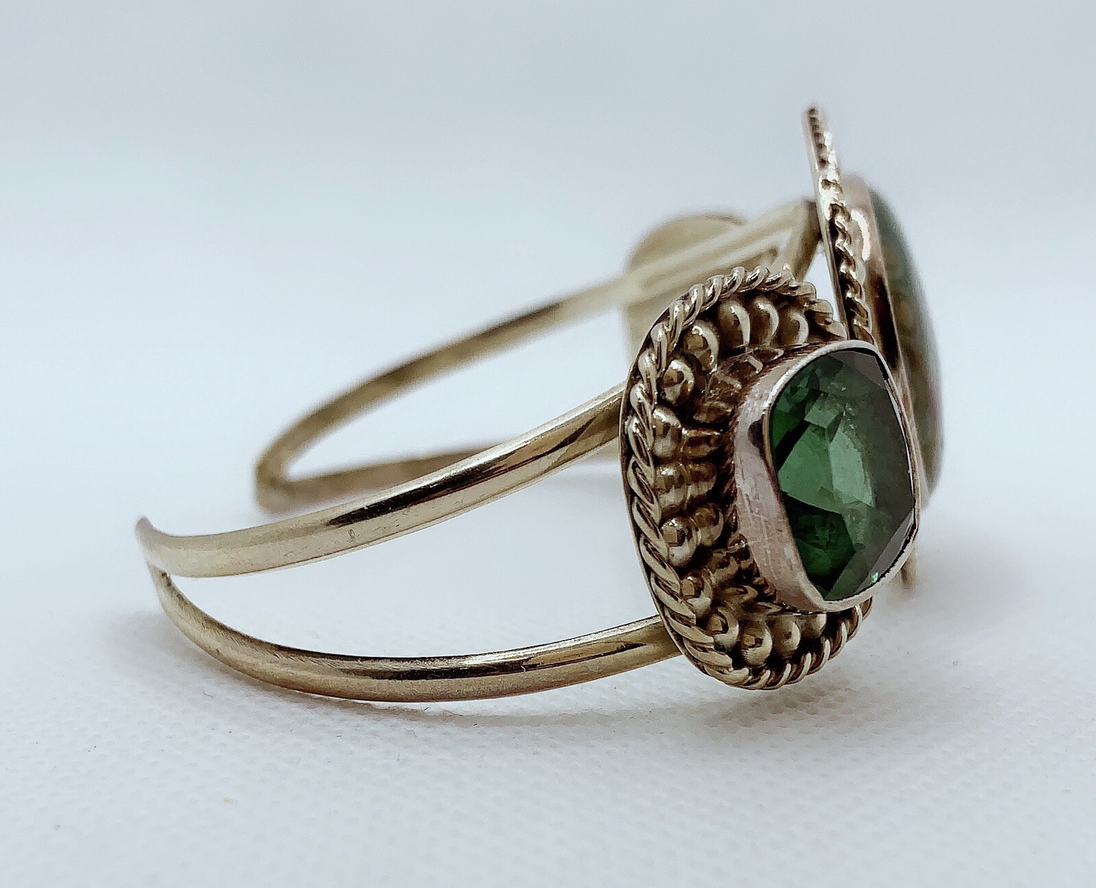 VTG 925 STERLING SILVER OCEAN JASPER & DIAMOND CUT CLASS CUFF BRACELET 43.3g #rl