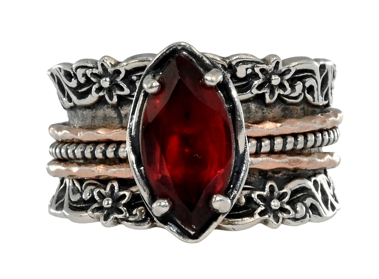 Paz Creations PZ Israel Red Garnet Sterling Silver Gold Spinner Ring! Size 6!