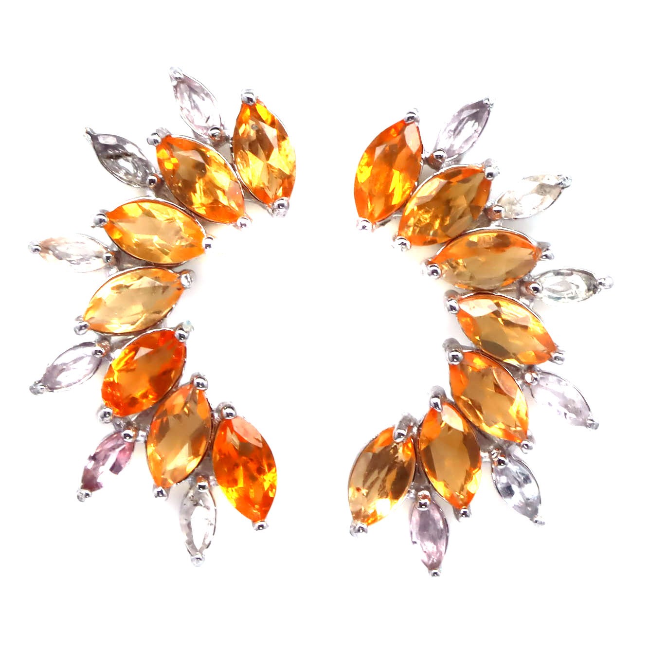 925 Sterling Silver 3 x 6 MM. Orange Fire Opal & Sapphire Birthstone Earrings
