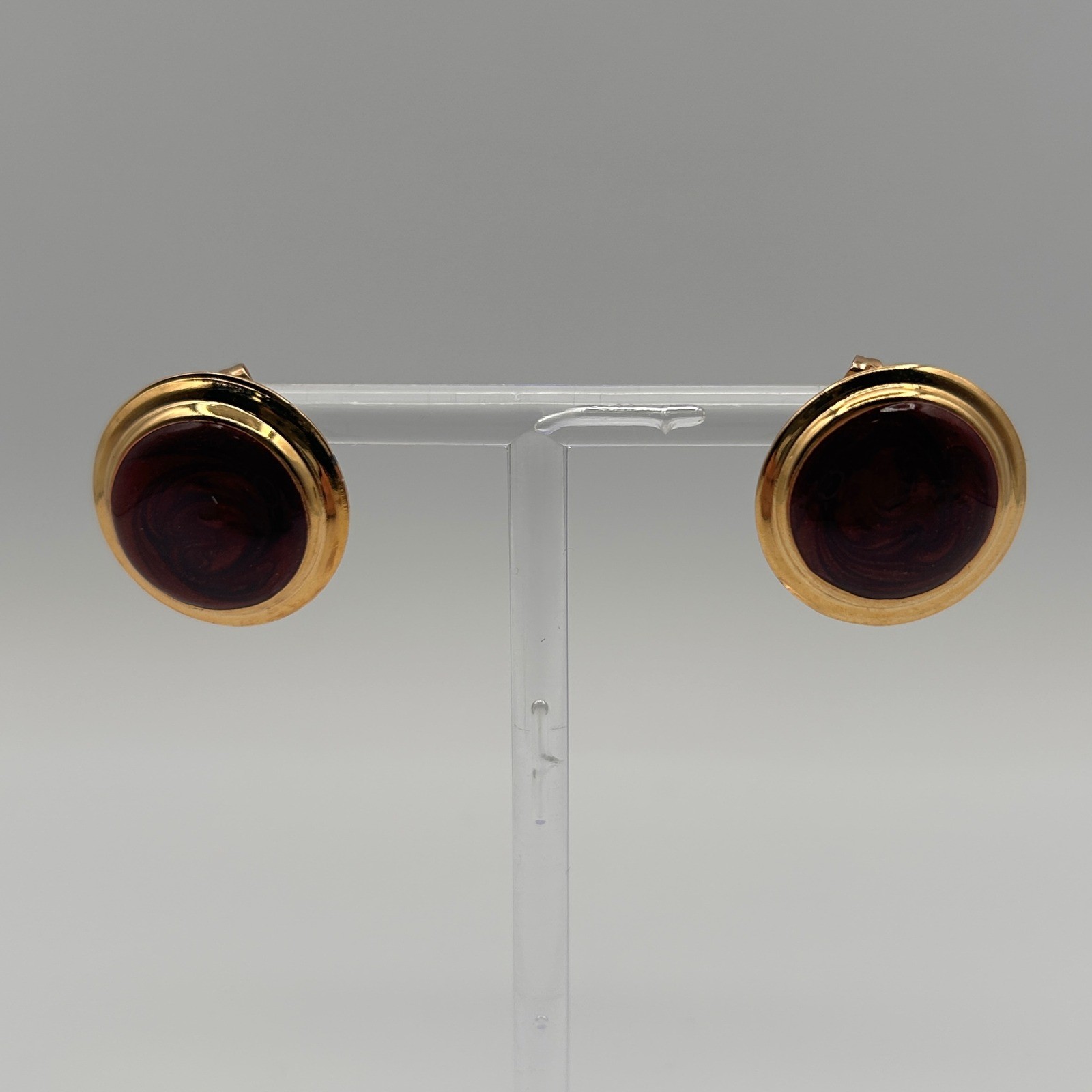 Vintage Gold Tone Burgundy Red Enamel Round Button Stud Earrings 1 Inch