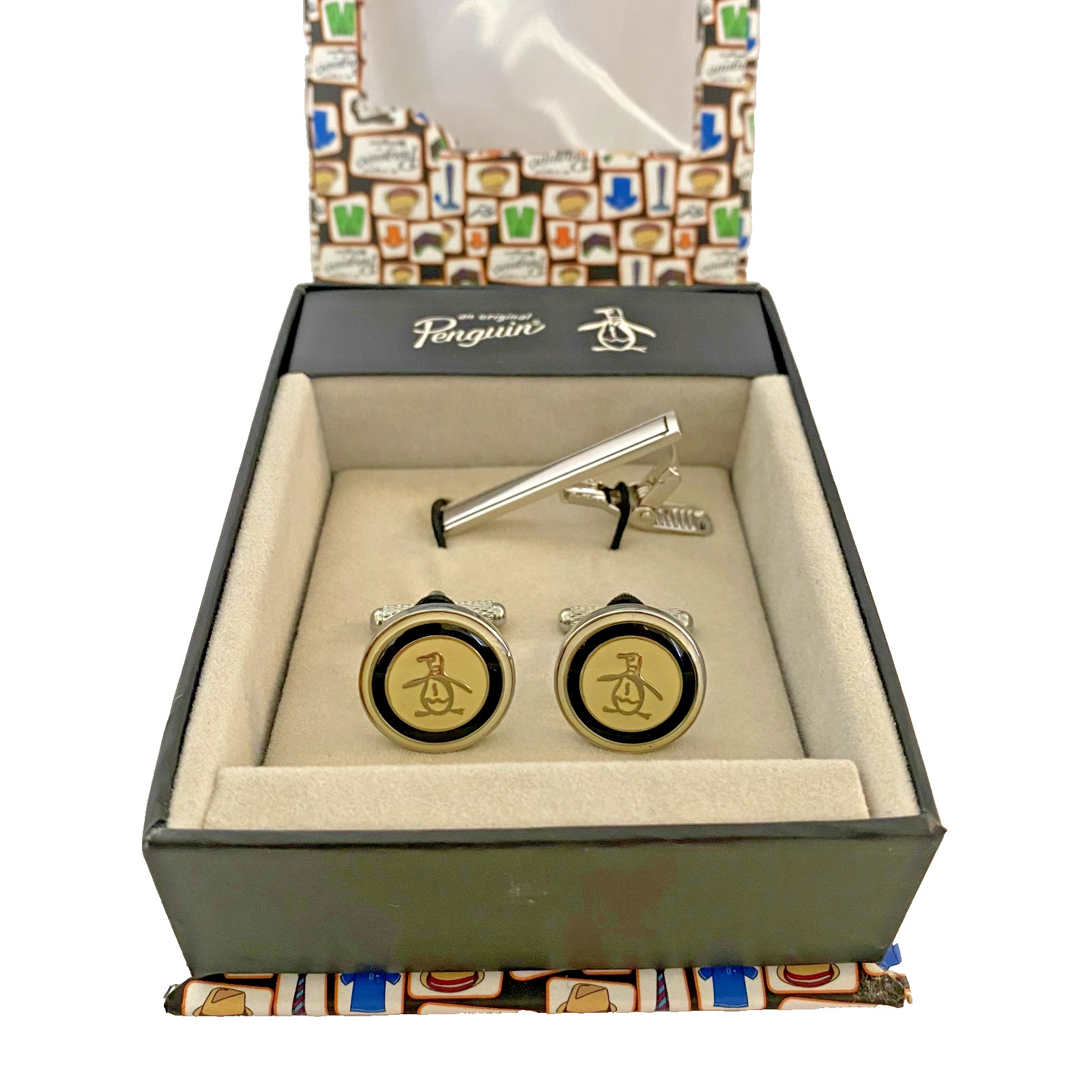 Original Penguin Cufflinks & Tie Bar Gift Set Silver Tone NIB Dress Formal Box