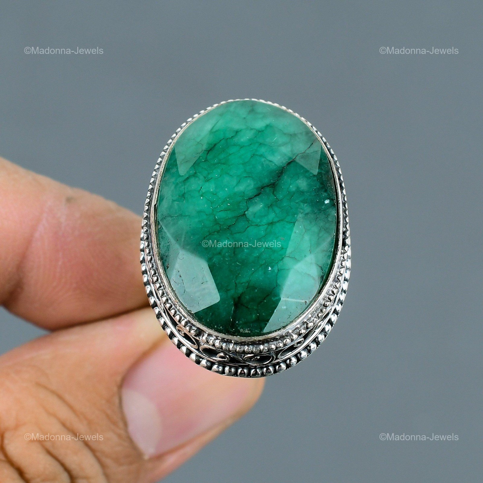 925 Sterling Silver Zambian Emrald Stone Birthday Statement Vintage Ring Jewelry