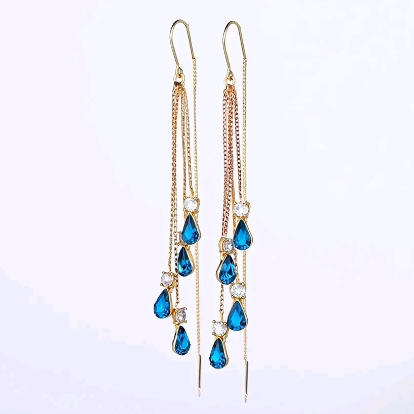 Blue Threader Earrings Long Drop Gold Dangle Crystal Zircon