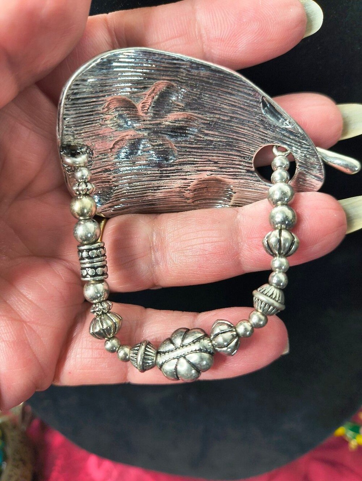 Abalone Shell Toggle Bracelet Coastal Beach Stretch Silver Tone Artisan Style