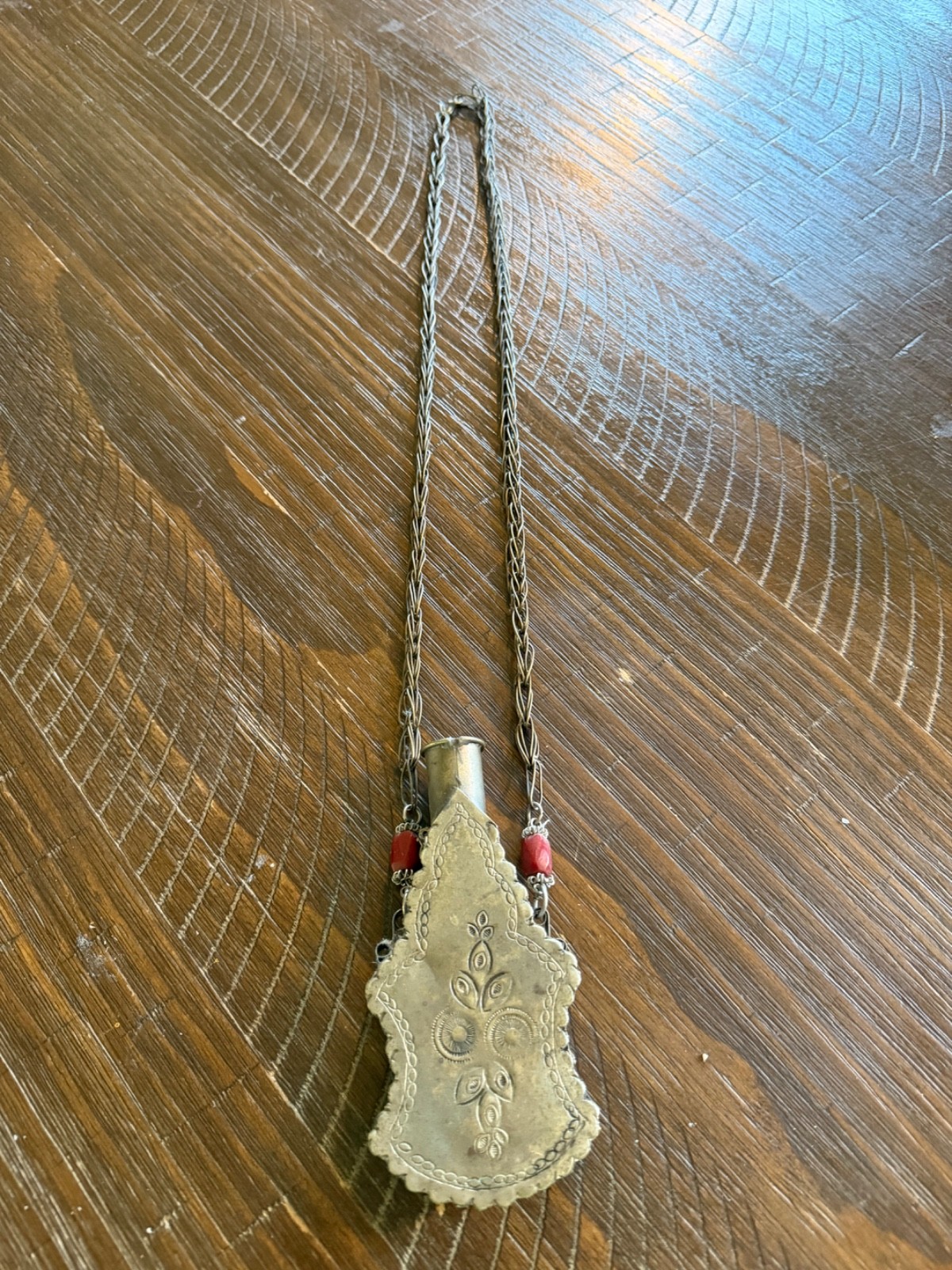 ANTIQUE BEDOUIN LARGE SILVER TONE KOHL FLASK NECKLACE
