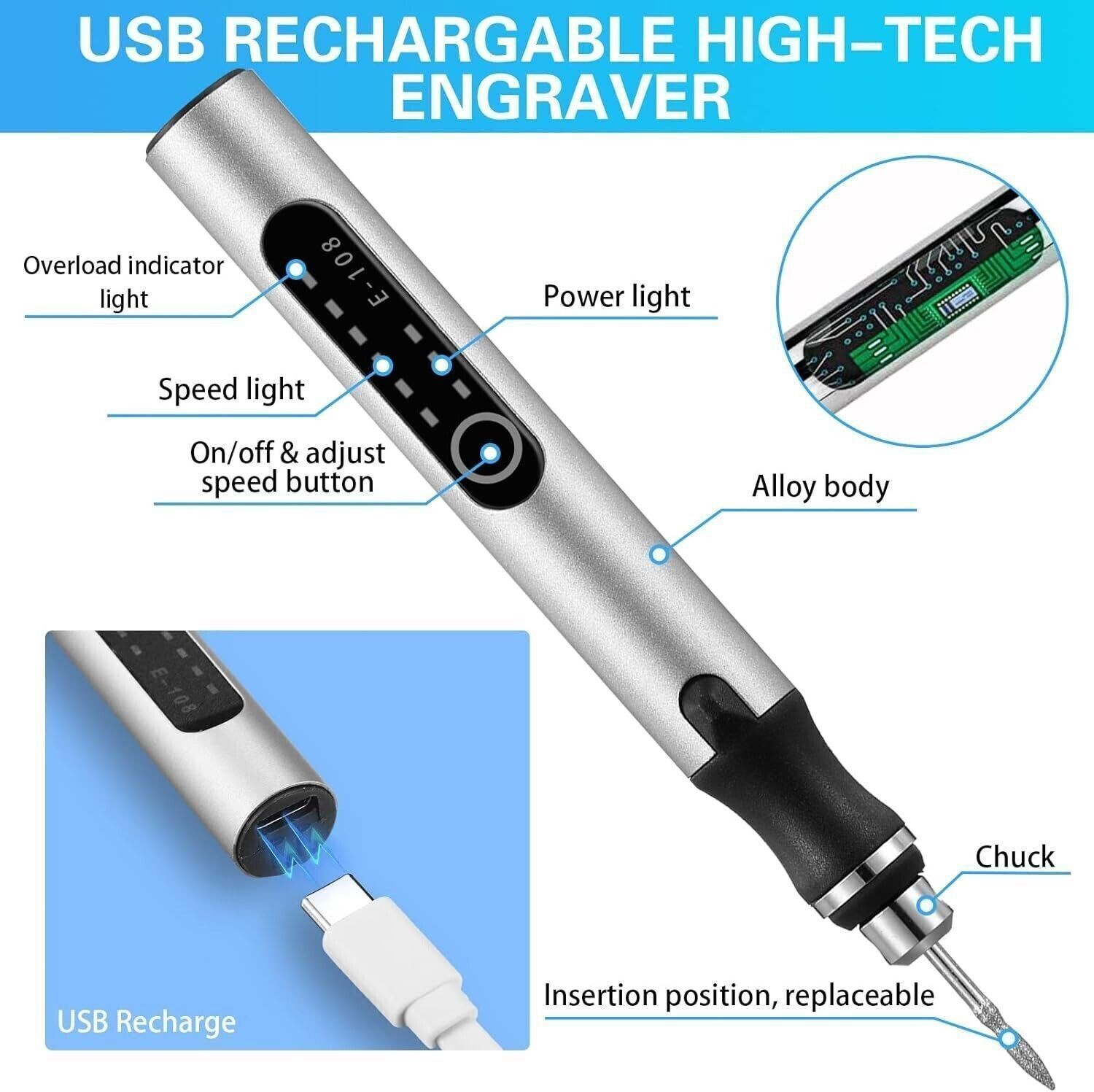 Cordless USB-Rechargeable Mini Electric Engraving Pen with 33 Bits – DIY Tool