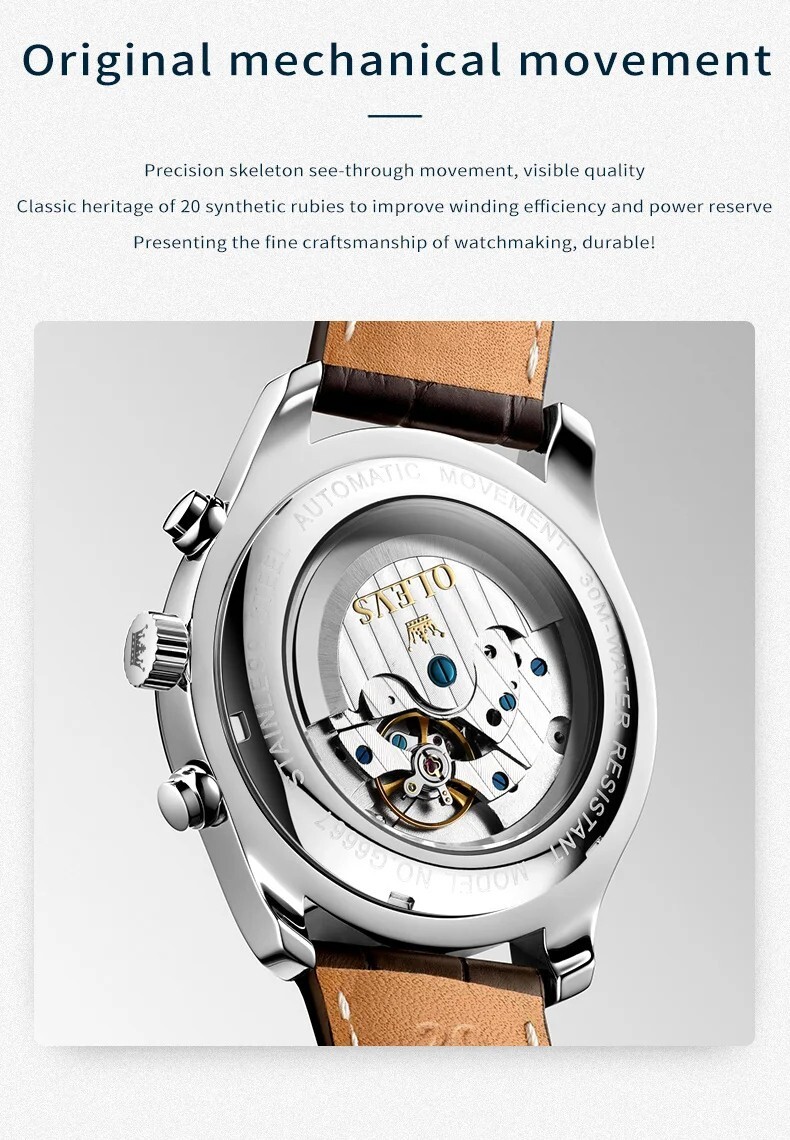 OLEVS Men Automatic Mechanical Moon Phase Calendar Stainless Steel Brand Watch