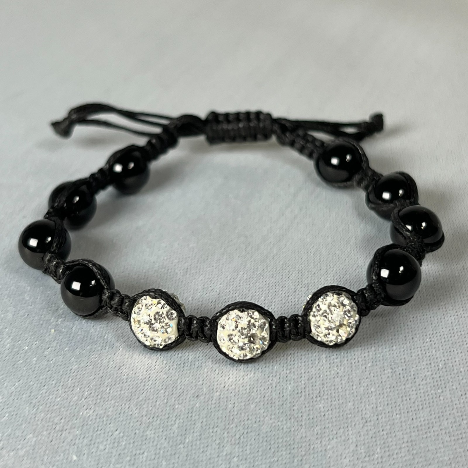 Shamballa Bracelet Set Crystal Pave Beads Macrame Purple & Black Adjustable Pair