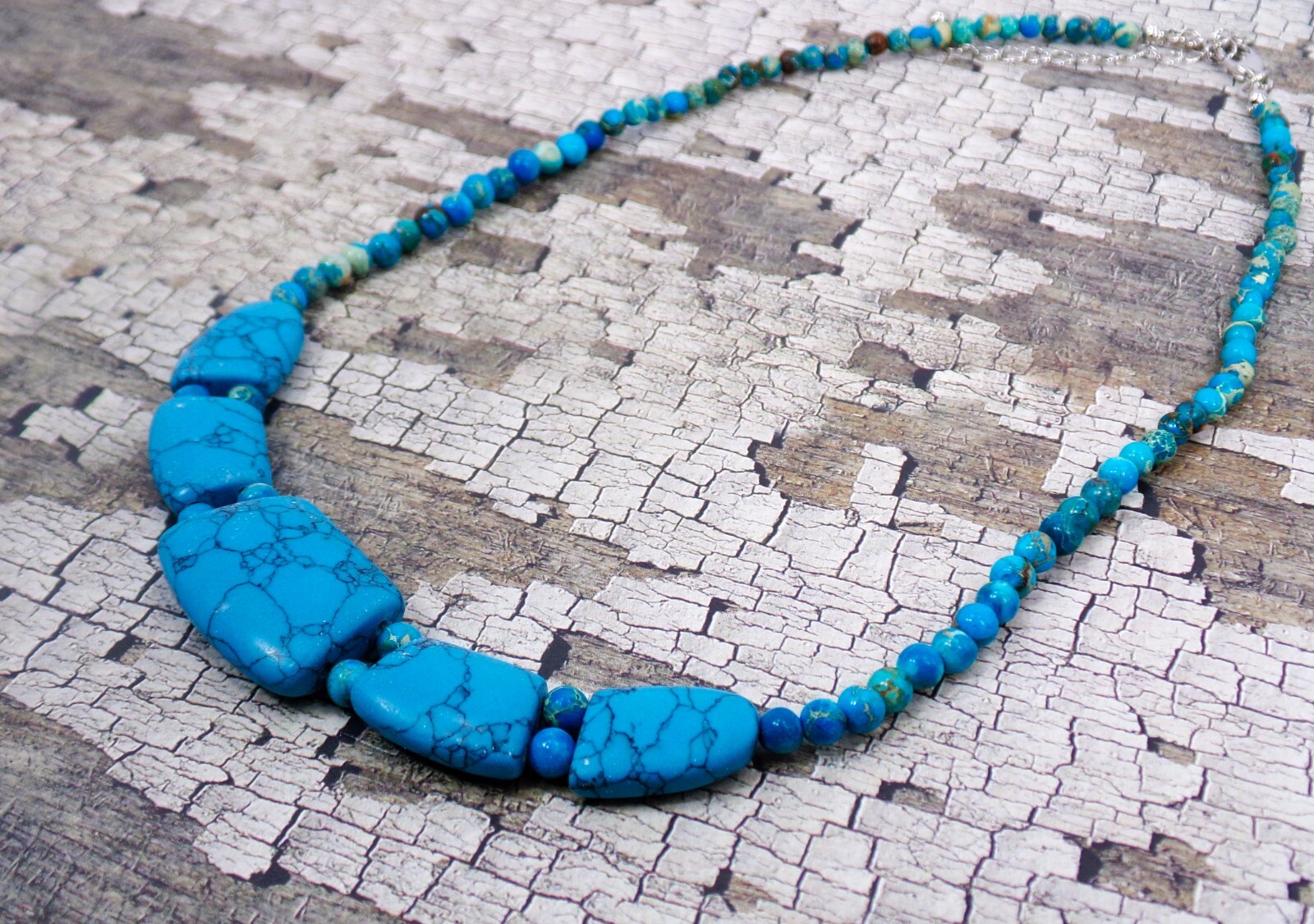 Turquoise stone necklace with large stones in front, small round bead neck New