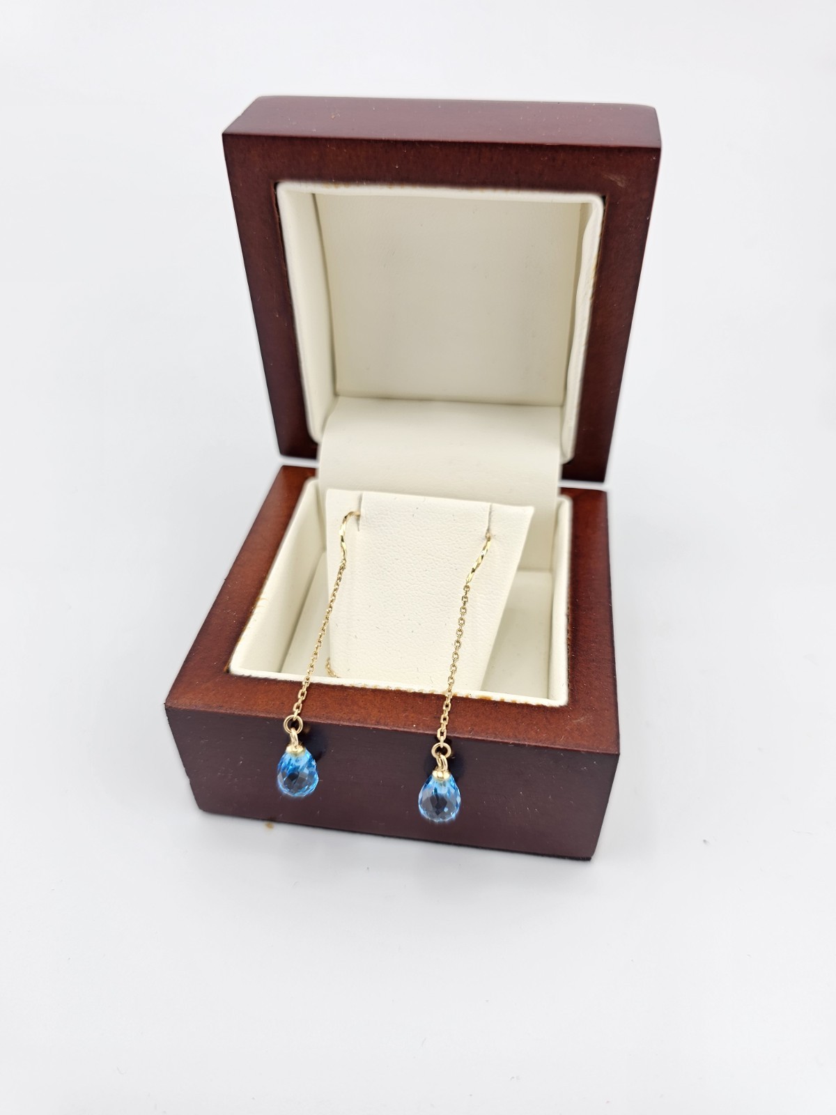 14K Solid Gold Blue Topaz Briolette Threader Earrings Acid Tested Presidium 0123
