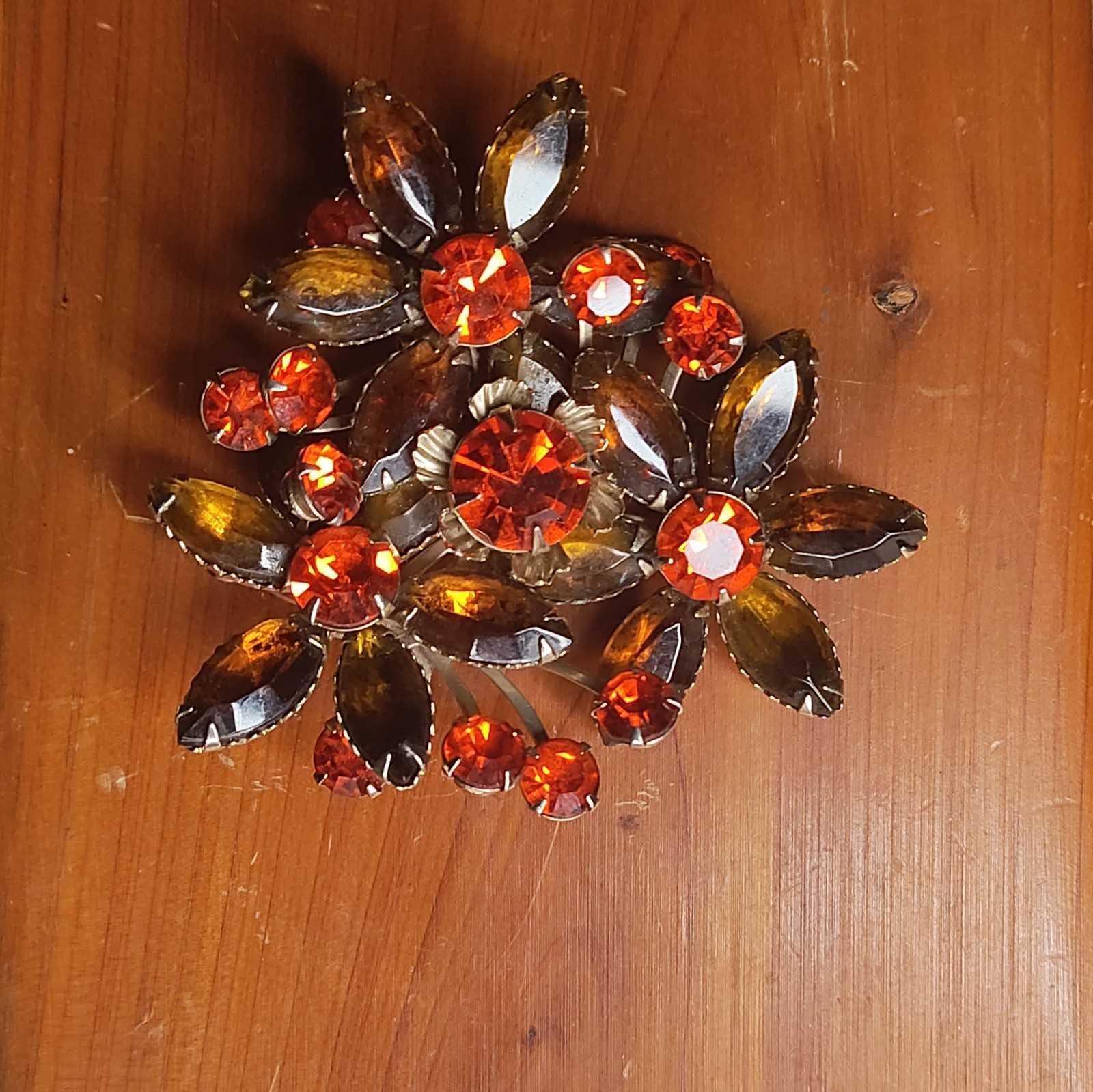 Judy Lee Flower Brooch Silver Tone Orange & Brown Round Rhinestones Prong Set