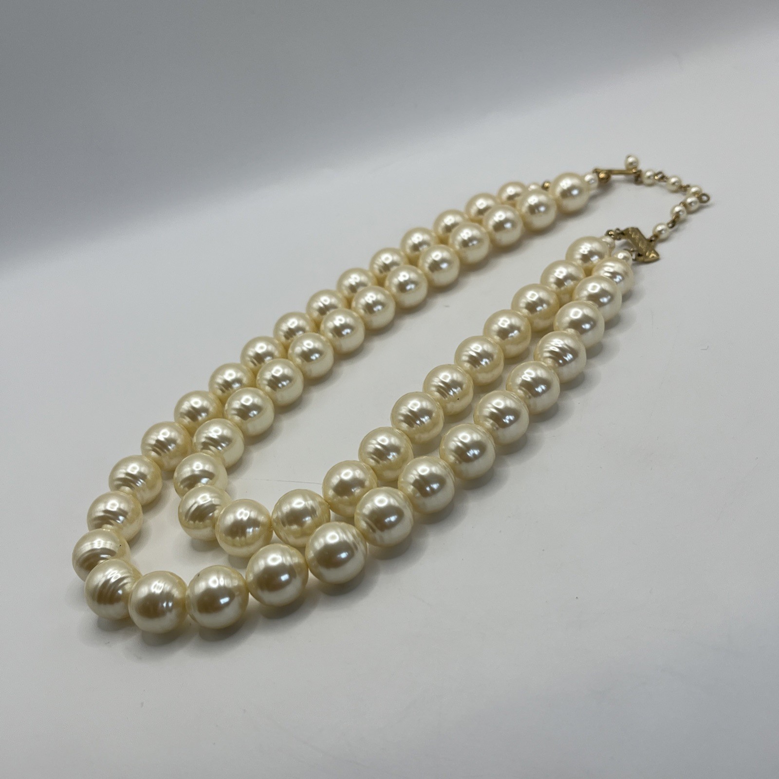 Vintage Champagne Cream Faux Ringed Pearl 2 Strand Necklace Large Pearls