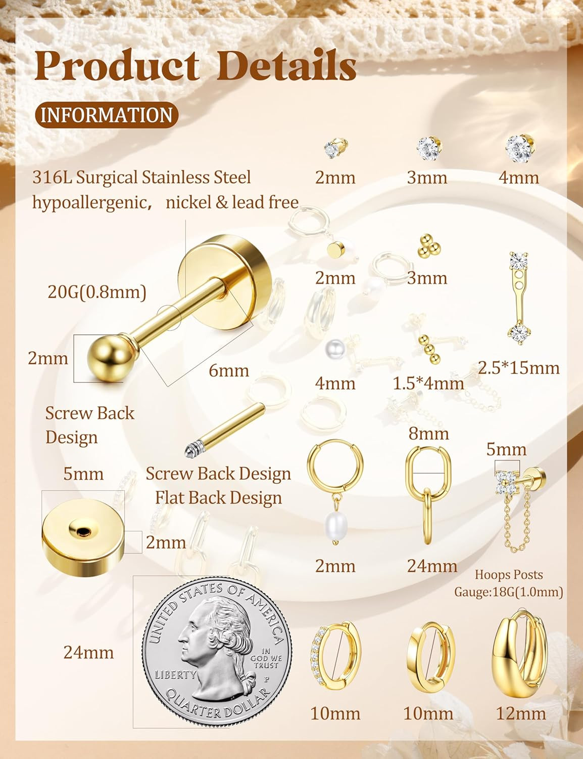 Flat Back Hypoallergenic Surgical Steel Earrings – 20G Gold Plated Stud Set