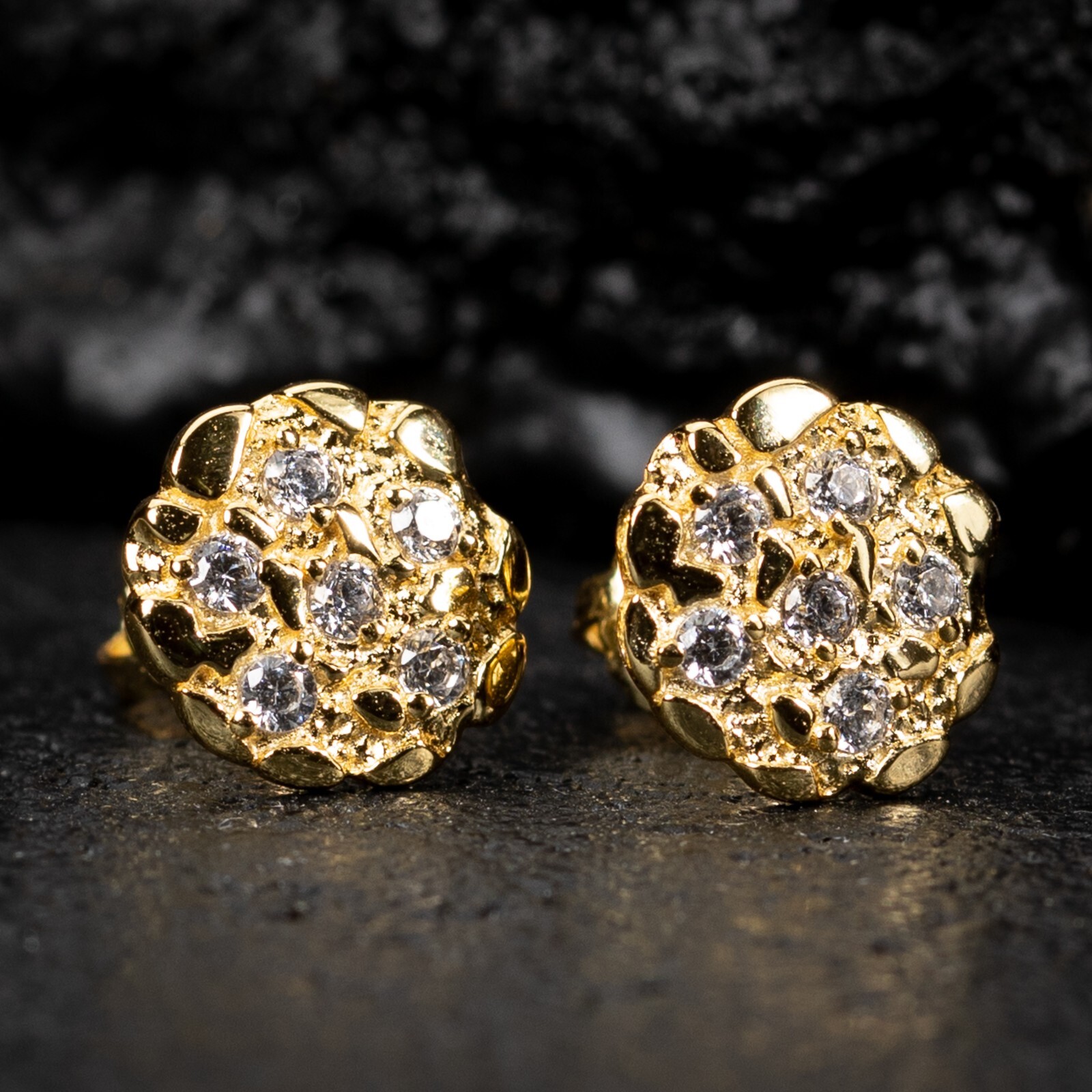 Round Yellow Gold Sterling Silver Iced Circle Nugget Screw Back Stud Earrings