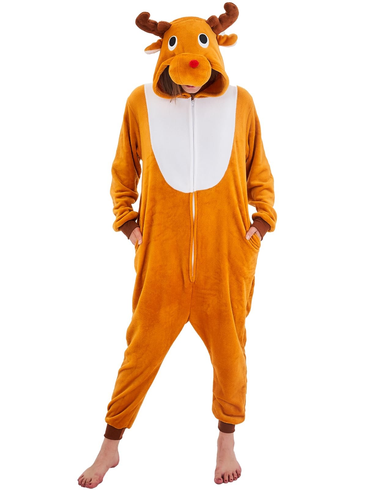 NEWCOSPLAY Adult Unisex Reindeer Bodysuit Pajamas Plush Costume Small Brown NEW