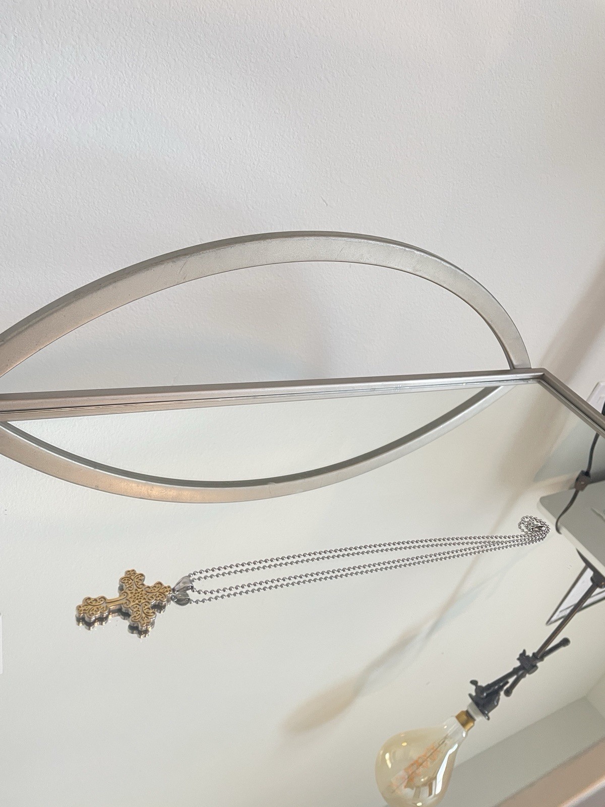 Silver Tone Metal Ball Chain Necklace with Gold Tone Filigree Cross Pendant