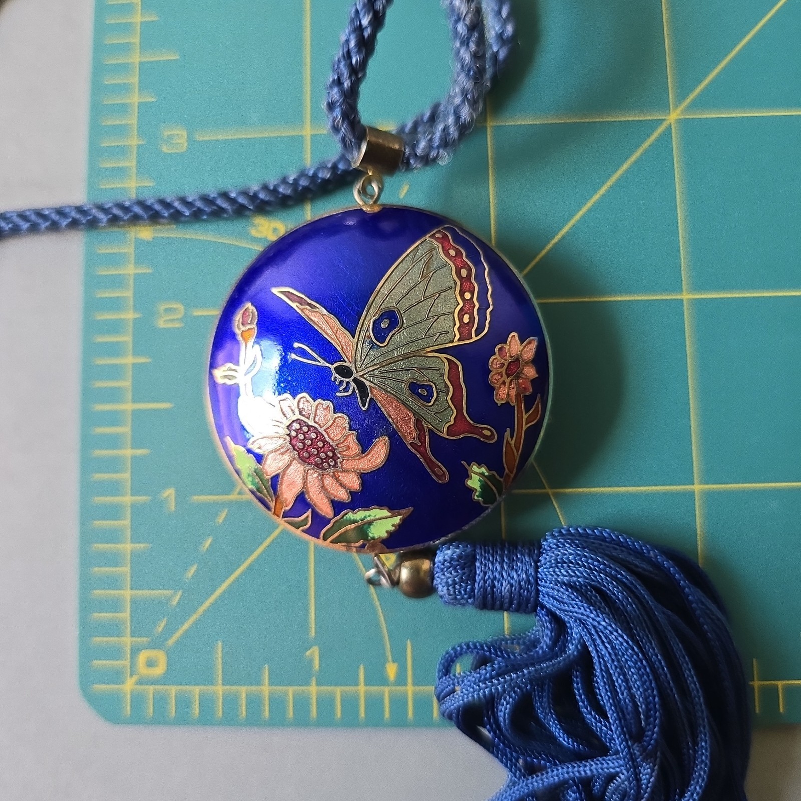 Vintage Asian Cloisonne Butterfly Tassel Pendant Blue Cord Necklace 28″L