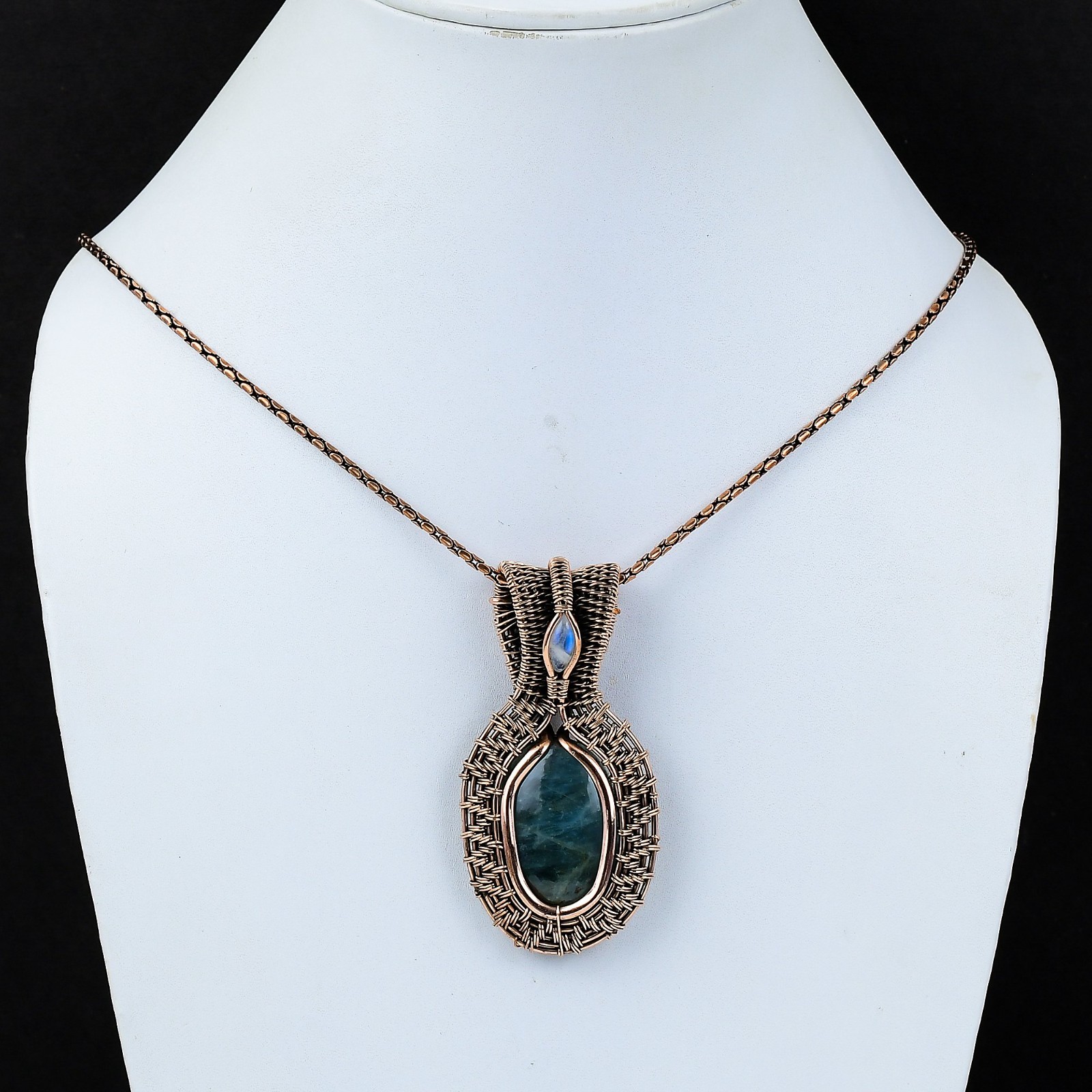 Neon Blue Apatite Handmade Gemstones Copper Wire Wrapped Moonstone Pendant