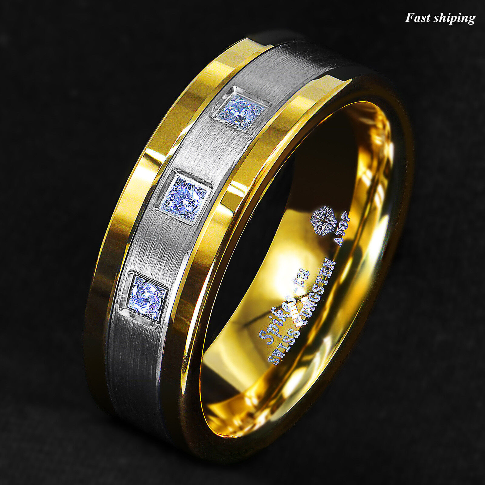 8mm Black/Gold Tungsten Ring Brushed Cubic Zirconia ATOP Men’s Wedding Band