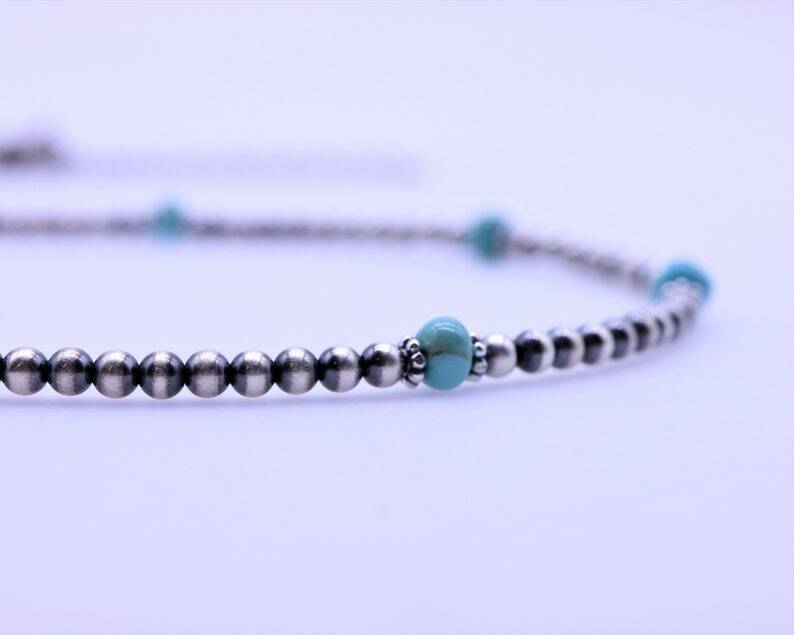 Blue Genuine Kingman 4mm Turquoise and Navajo Pearl Beaded Gemstone Necklace