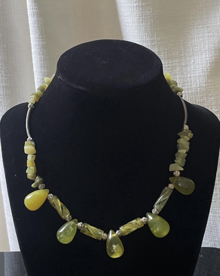 Vintage Chartreuse Resin & Stone Necklace — 1960s Modernist Organic Form