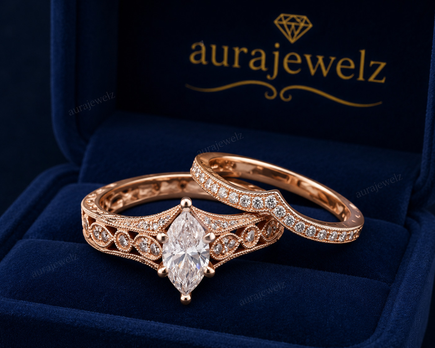 Marquise Cut 3.00 TCW Moissanite Wedding Ring 14k Rose Gold Plated Bridal Set