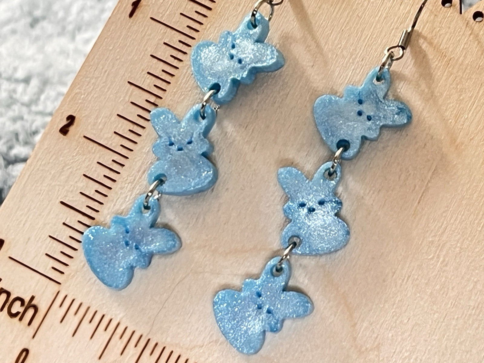 Handcrafted Blue Bunny Dangle Earrings Polymer Clay Animal Theme 2.8 in hook