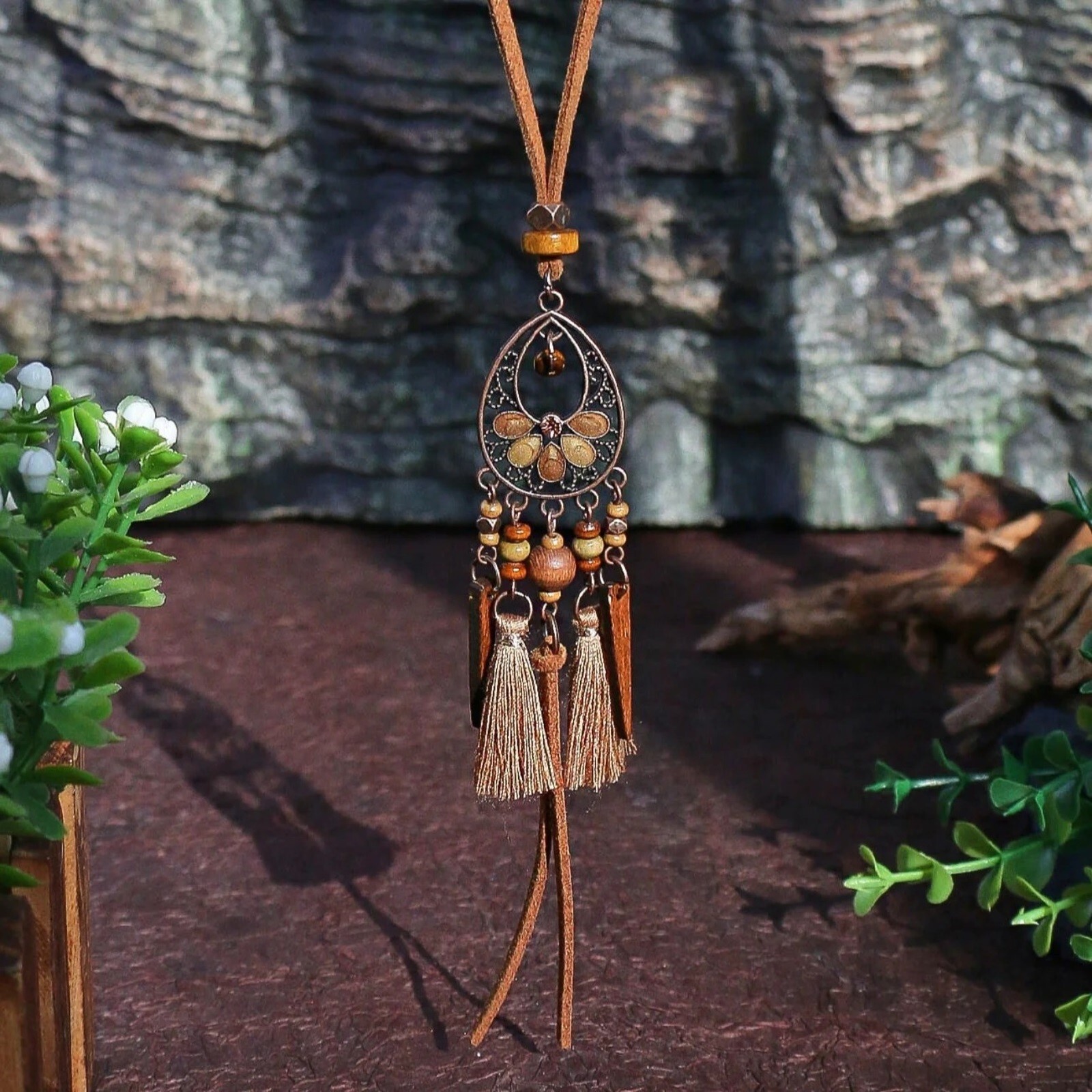 Rustic Antique Copper Enamel Tassel Pendant Vegan Suede Long Boho Necklace