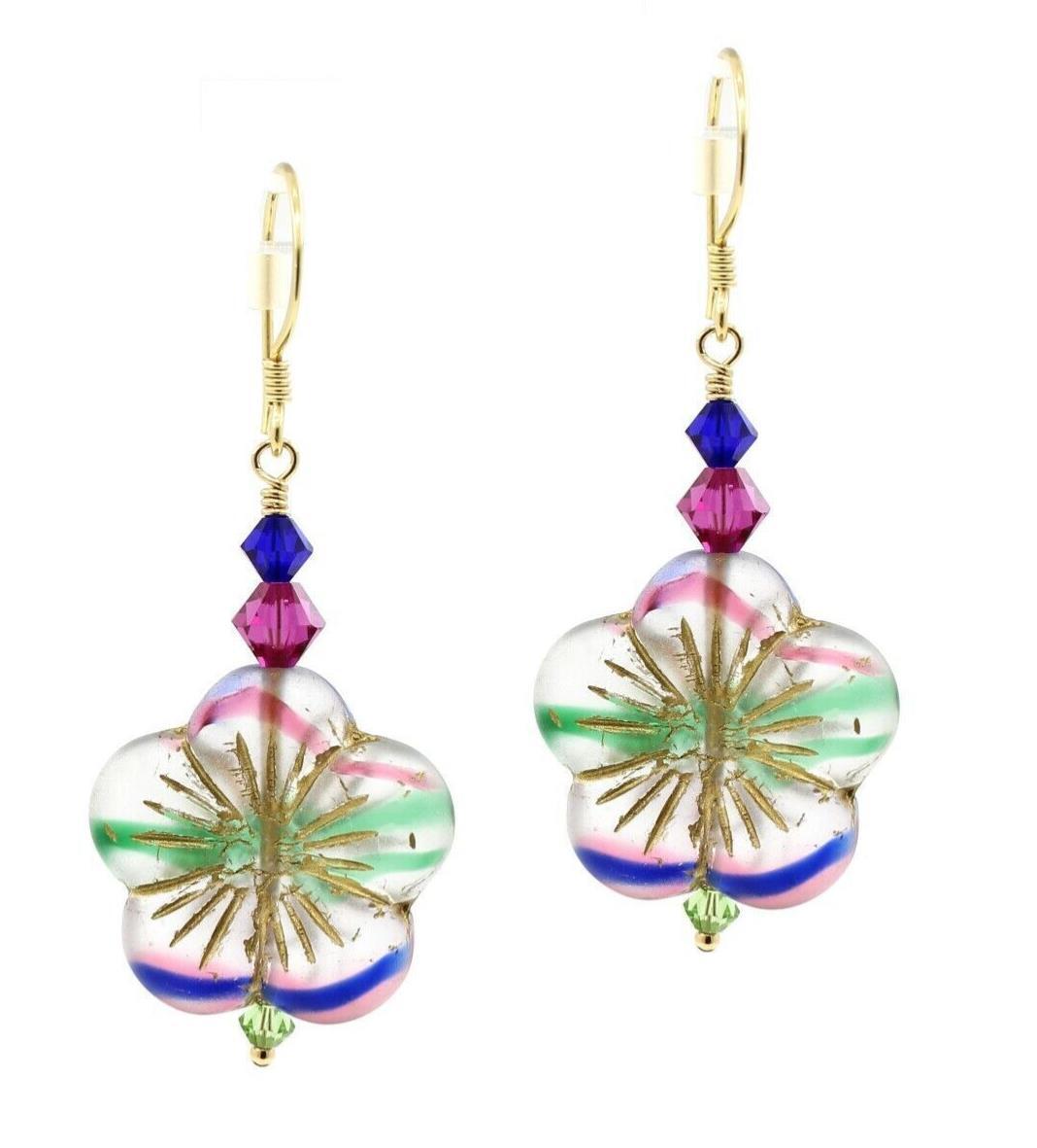 Flower Earrings Seaglass Glass Stripes Blue Green Pink Swarovski Vermeil Gold