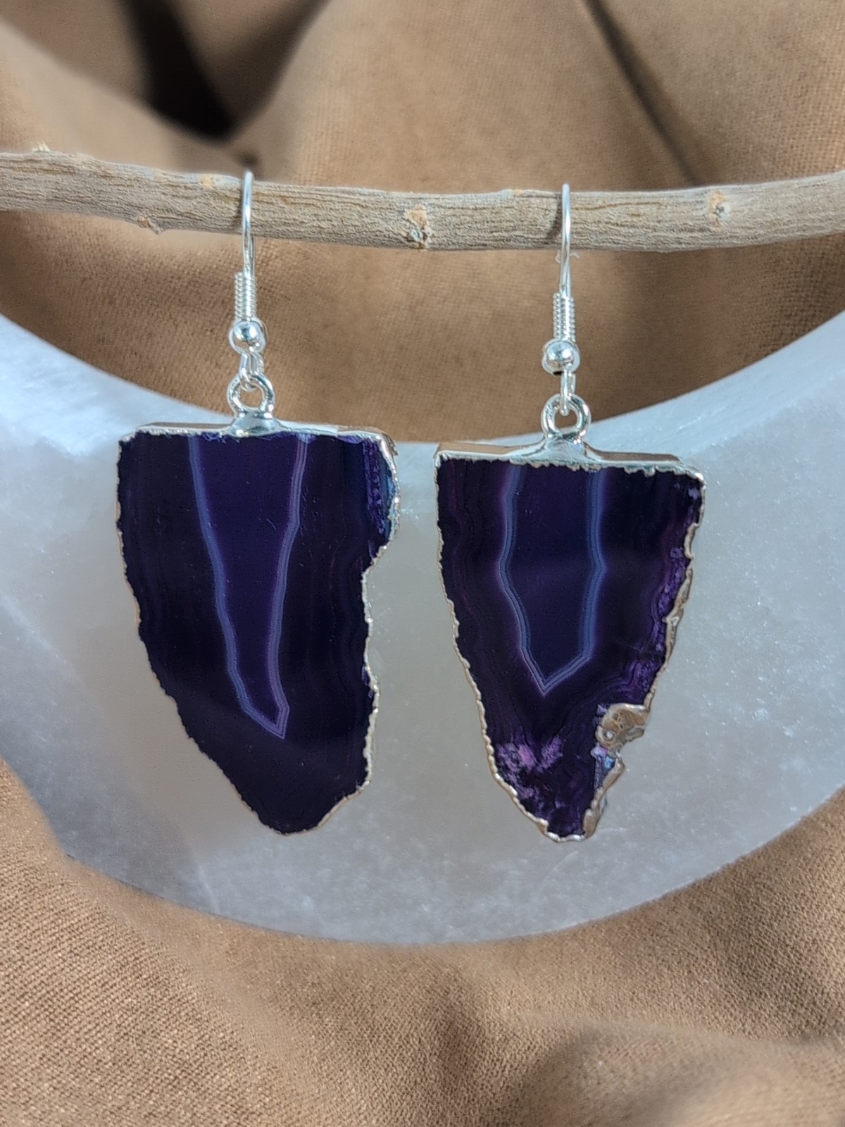 Natural Purple Agate Geode Slices Hook Earrings With Silver Plated Edge Brazil