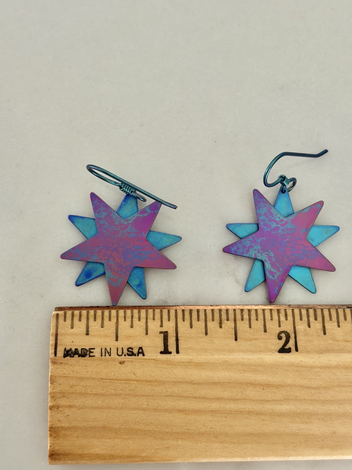 Vintage Star Dangle Earrings Spectore Exotic Anodized Titanium Starburst Blue