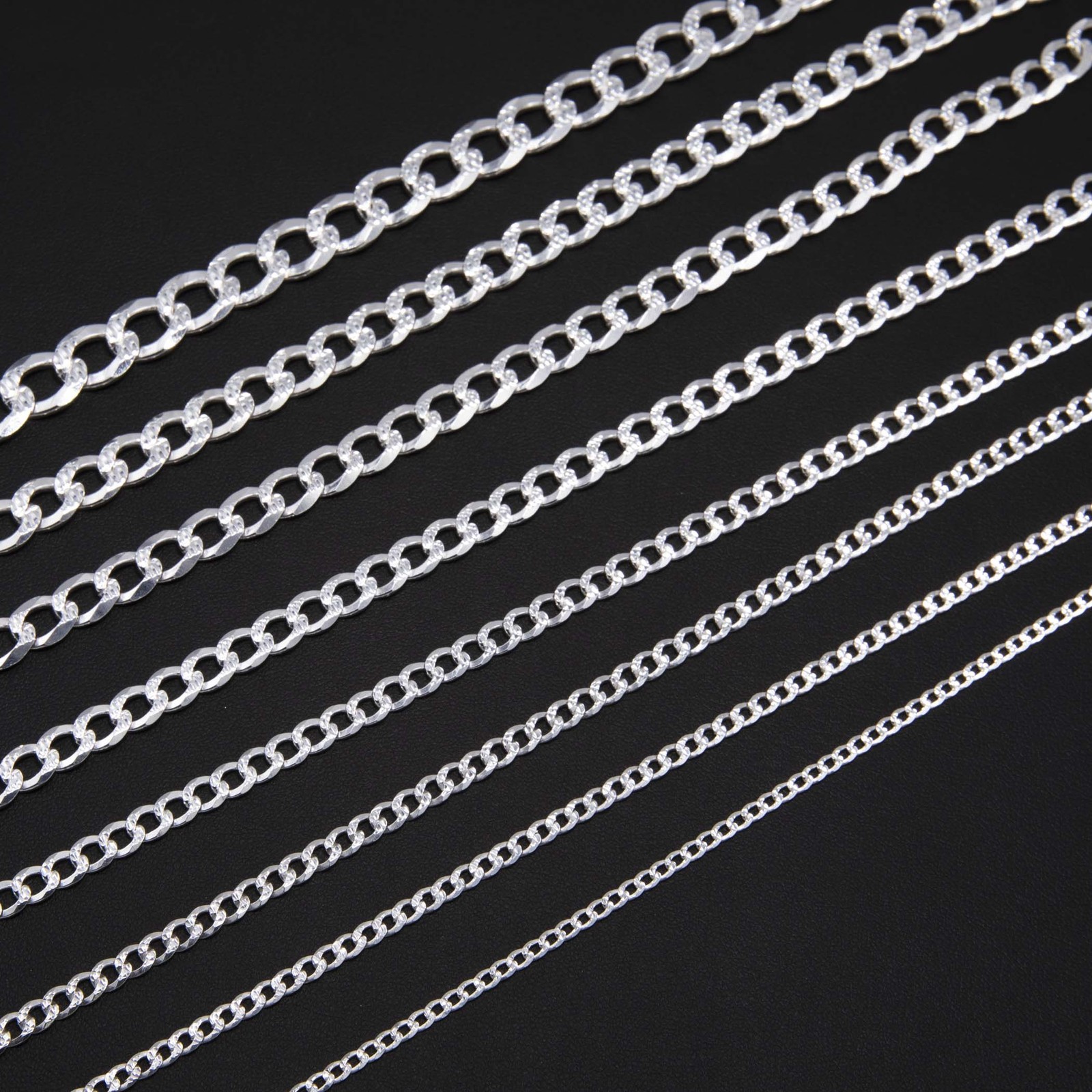 Diamond-Cut Reversible Curb Chain Solid Sterling Silver 925 Italy All Sizes