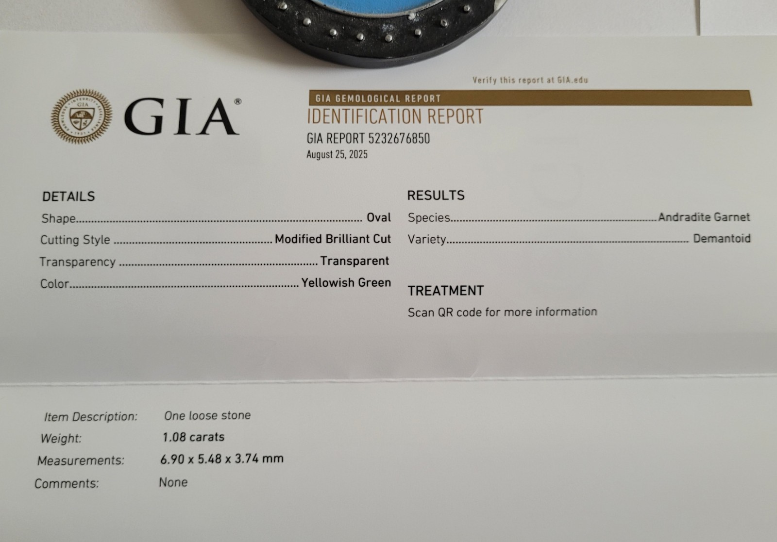GIA Certified Demantoid Andradite Garnet 1.08cts Oval 6.90×5.48x 3.74mm Gemstone