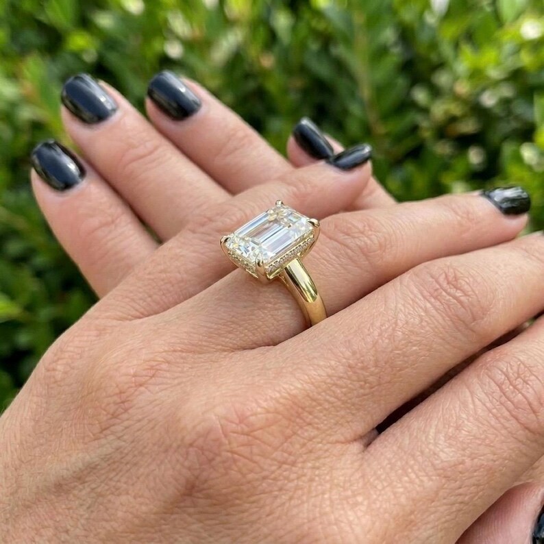 Lab Grown Diamond 4.20Ct EMERALD-Cut HIDDEN HALO Wedding Ring EF 14K YELLOW GOLD