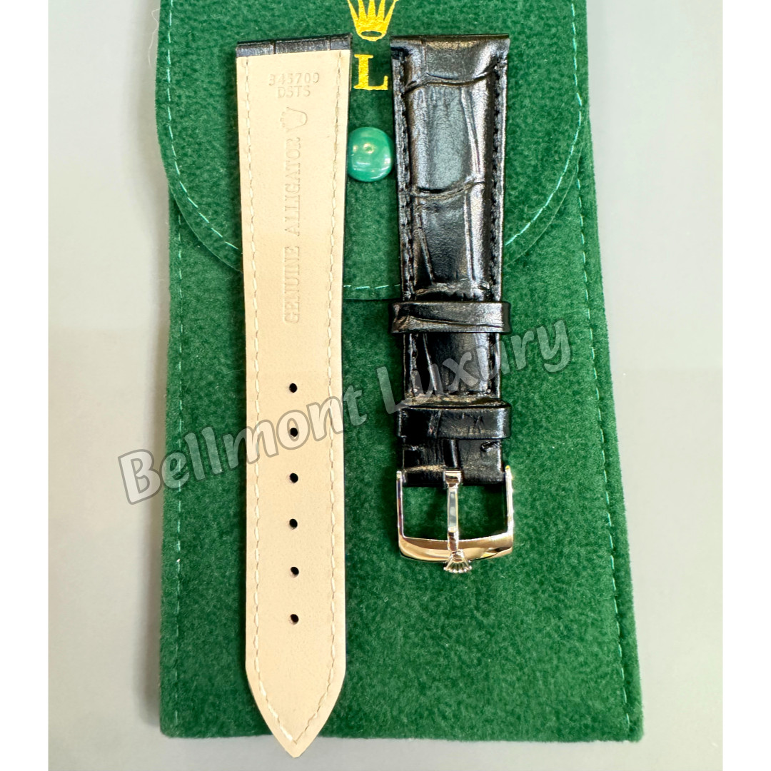 ROLEX Vintage Black Leather Watch Strap 20-16mm Silver Buckle NOS Rare