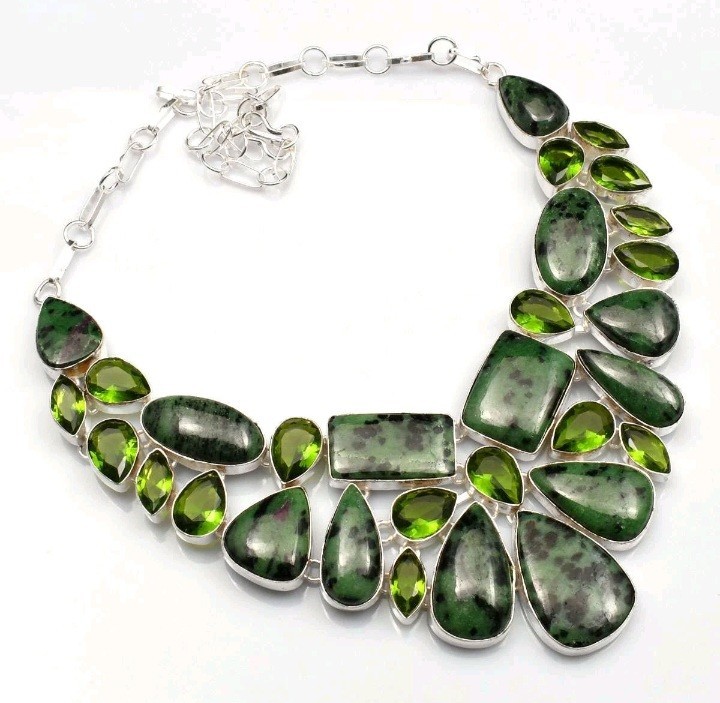 925 Silver Ruby Zoisite Peridot Gemstone Necklace adjusts 16-18″ Mother Day Gift