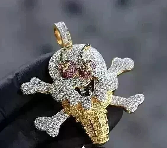 2Ct Round Lab Created Diamond Ice Cream Cone Men Pendant 14K Yellow Gold Plated