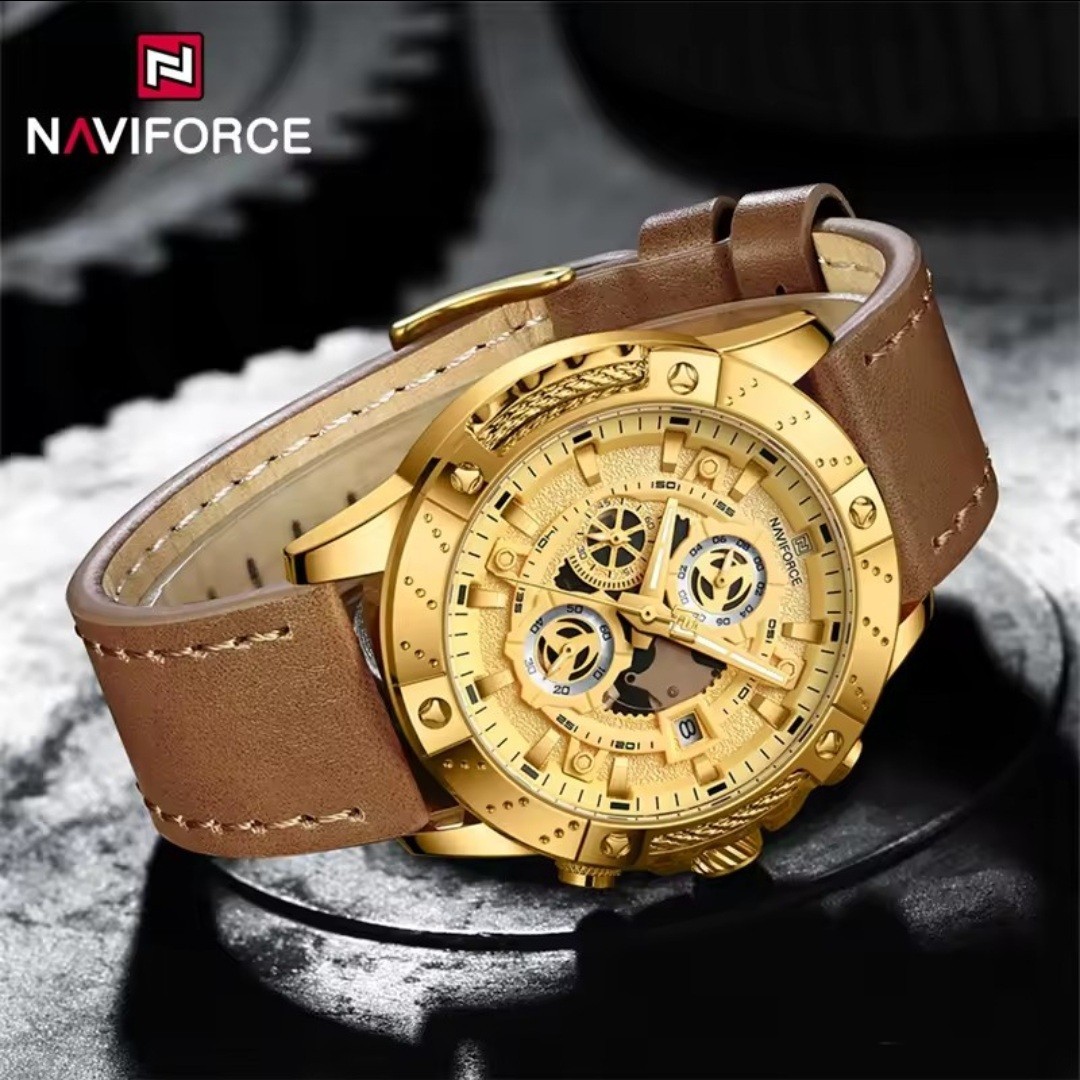 NAVIFORCE Mens Quartz Luxury Business Watch Chronograph Leather Strap Waterproof