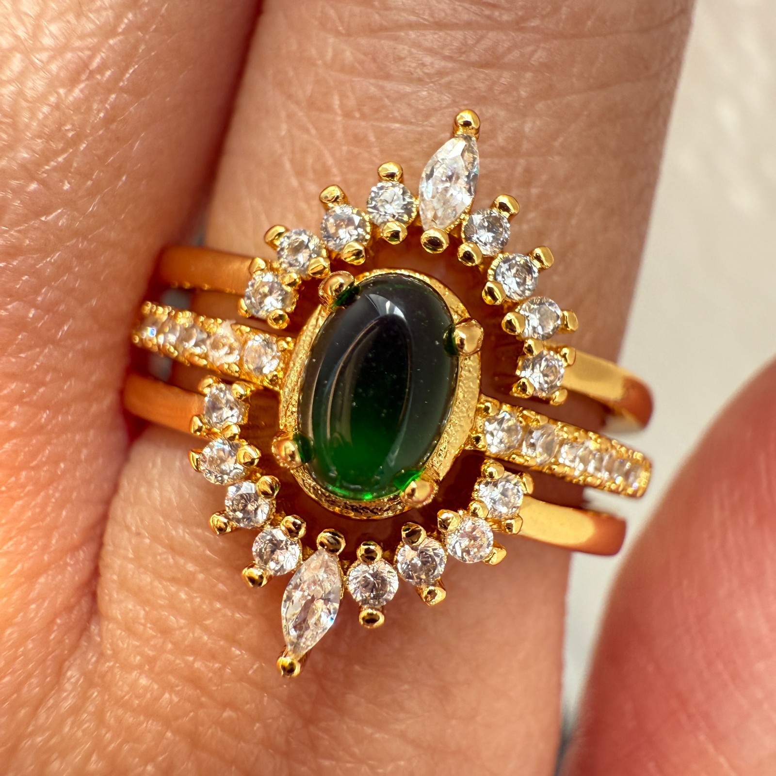 925 Sterling Silver Ring 3in1 6x4mm Green Natural Emerald Gemstone Zircon Flower