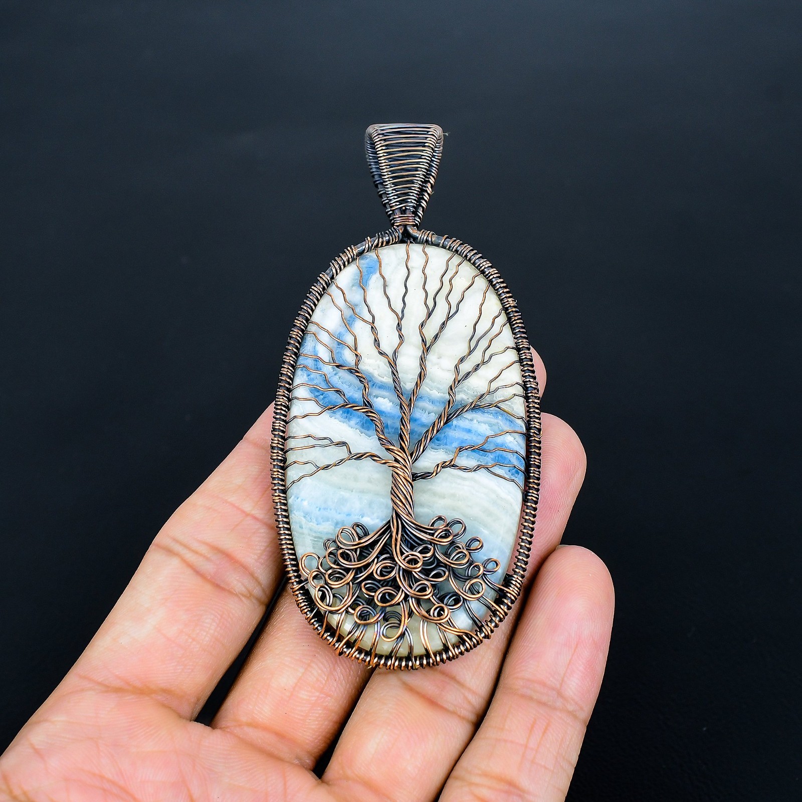 Blue Scheelite Handmade Gemstones Copper Wire Wrap Tree Of Life Pendant Jewelry