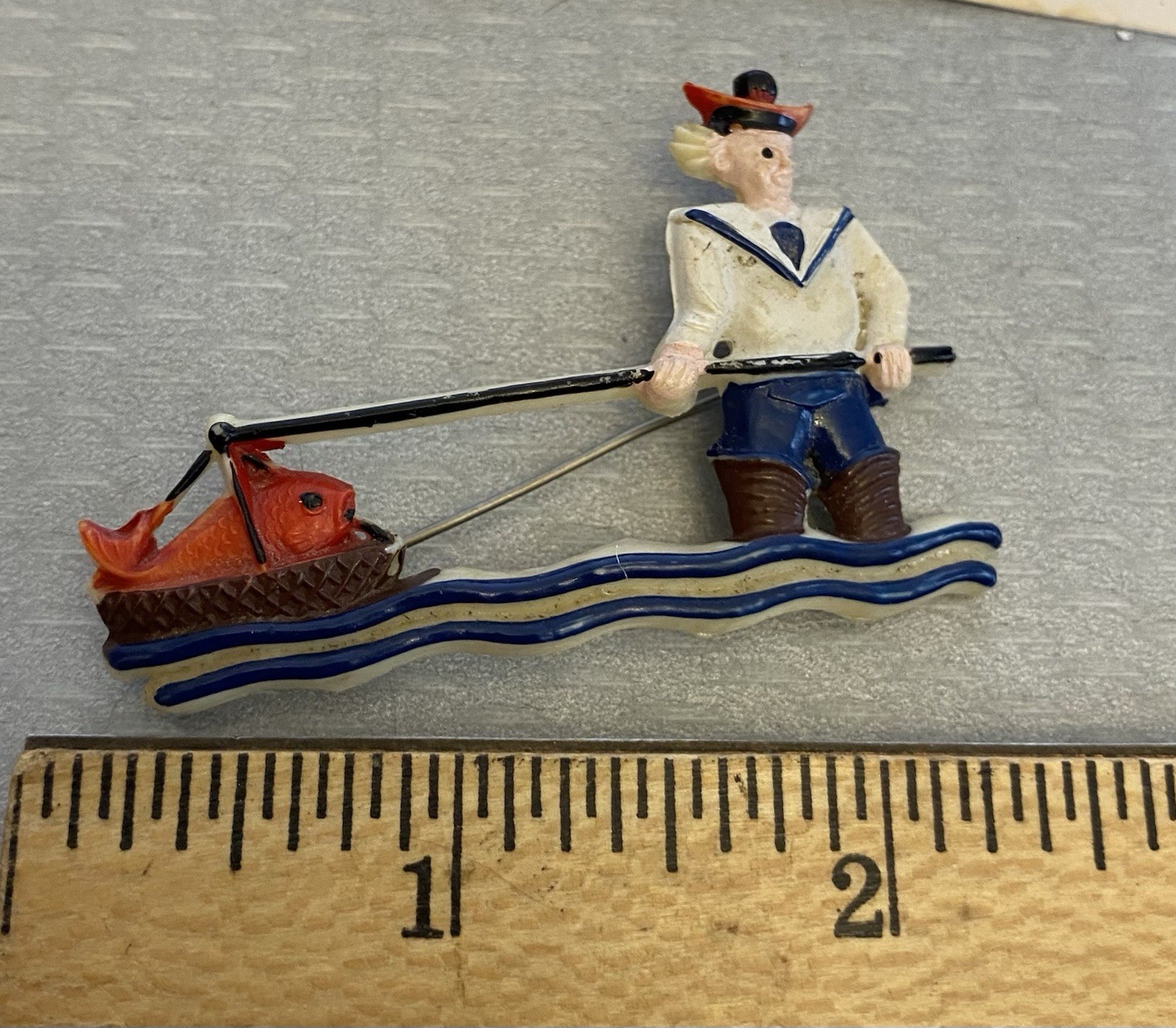 Vintage Celluloid Plastic Brooch Lot French Fisherman and Maine Red Lobster