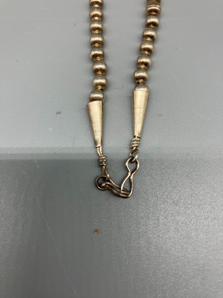 SILVER BEAD AND TURQUOISE NECKLACE 19 1/2 INCHES LONG
