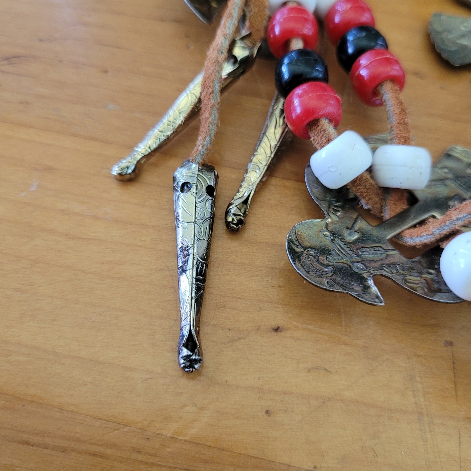 Tribal Southwestern Multi Strand Bracelet Red Black White Beads Bird Plaques 40g