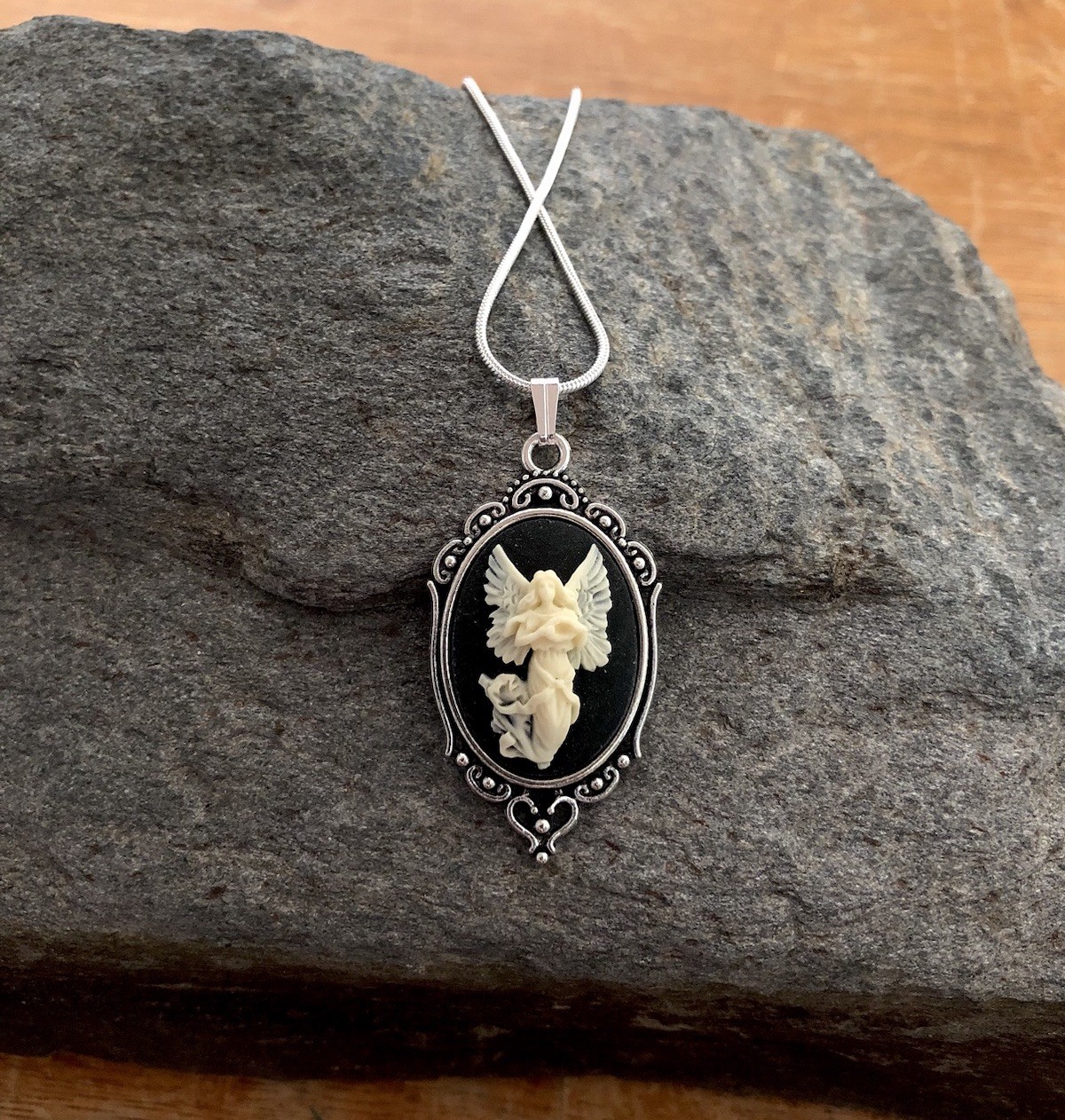Vintage Guardian Angel Cameo Necklace, Ivory & Black, Sterling Silver Chain