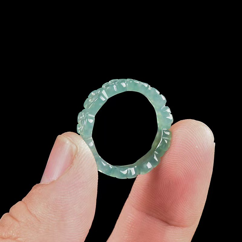 Real Grade A Natural Blue Jade Jadeite Band Women Lucky Peony Ring Us:6-9