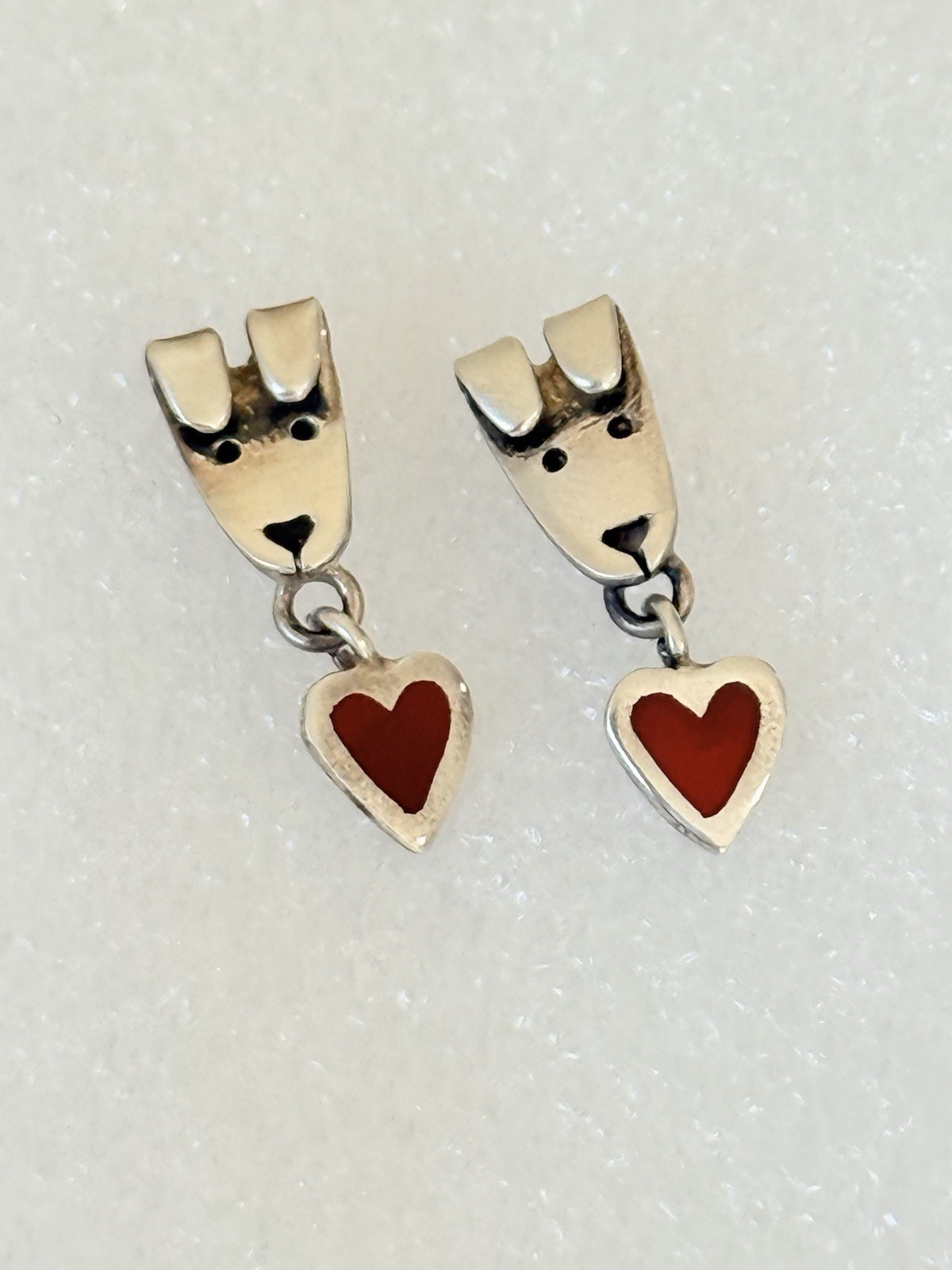 Vintage Anne Jane Harvey Mexico Sterling Silver Dog Puppy Heart Dangle Earrings