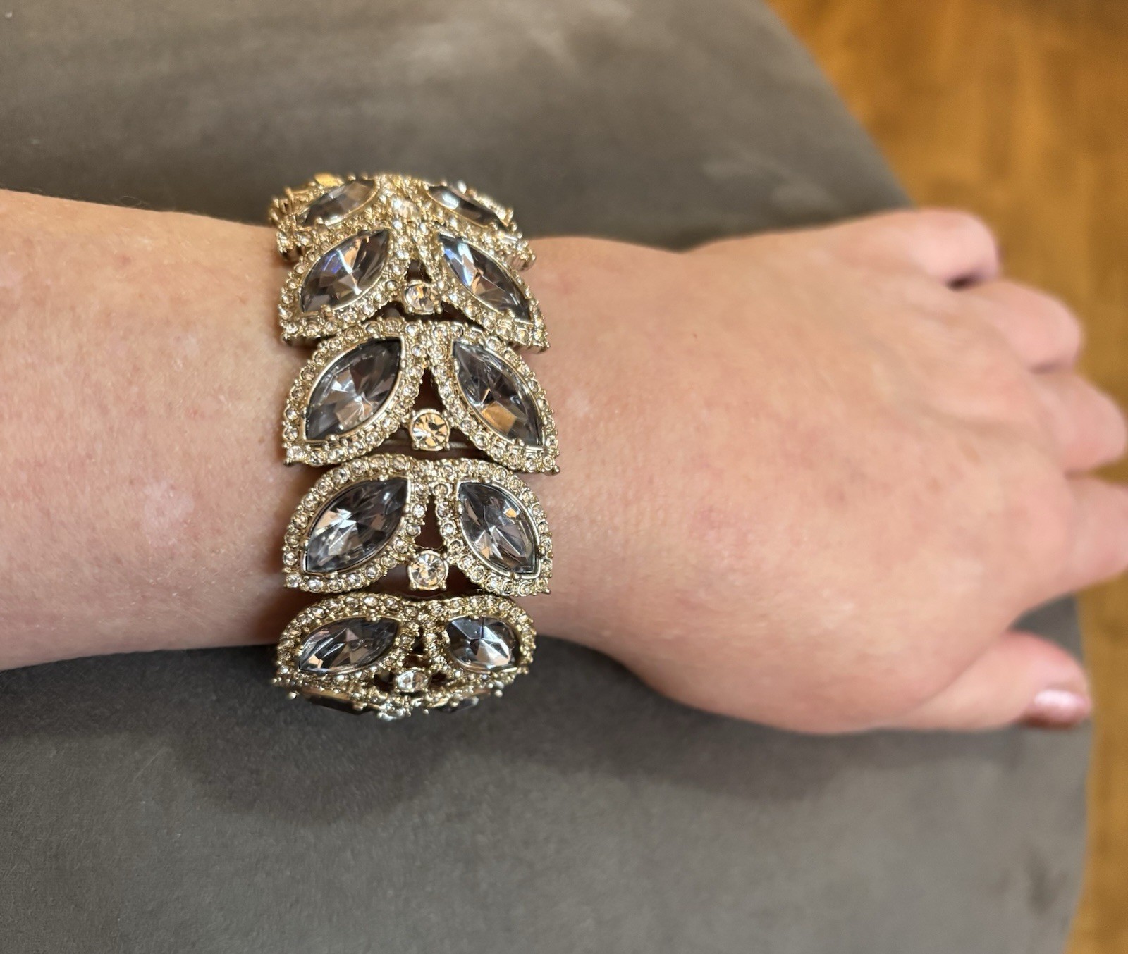 Vintage Crystal Wide Bracelet Angular Design Special Occasion Smokey-Gray 7in